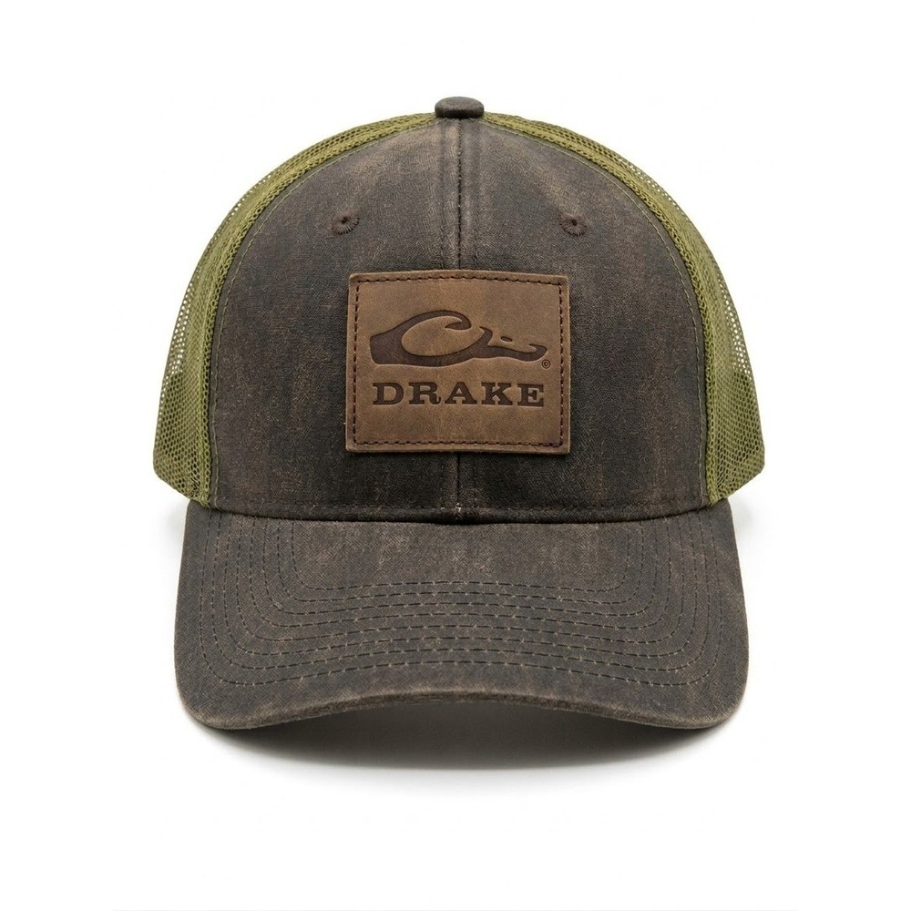 Drake Trucker Hat Mens OSFA Brown New Waxed Cotton Leather Patch Mesh Snapback